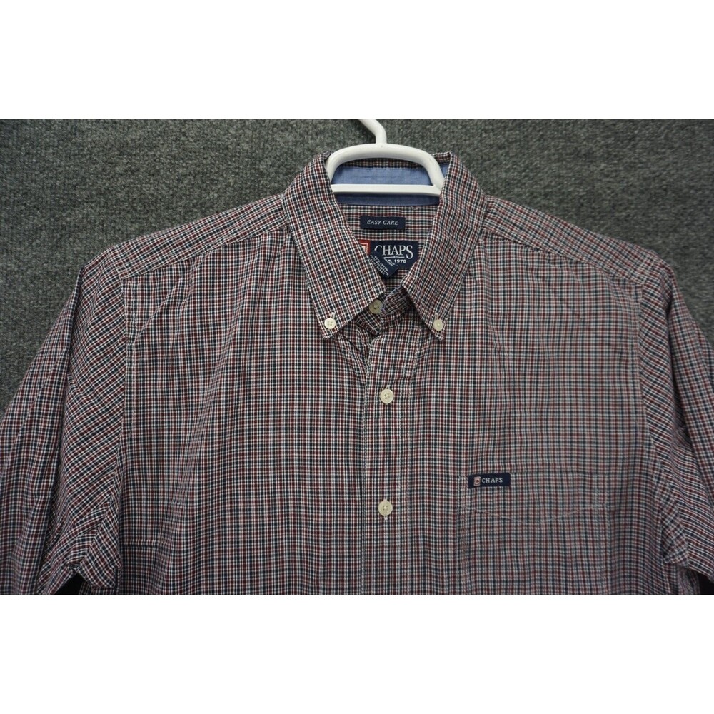 Chaps Shirt Mens Medium Blue Red Plaid Easy Care Button Down Long Sleeve